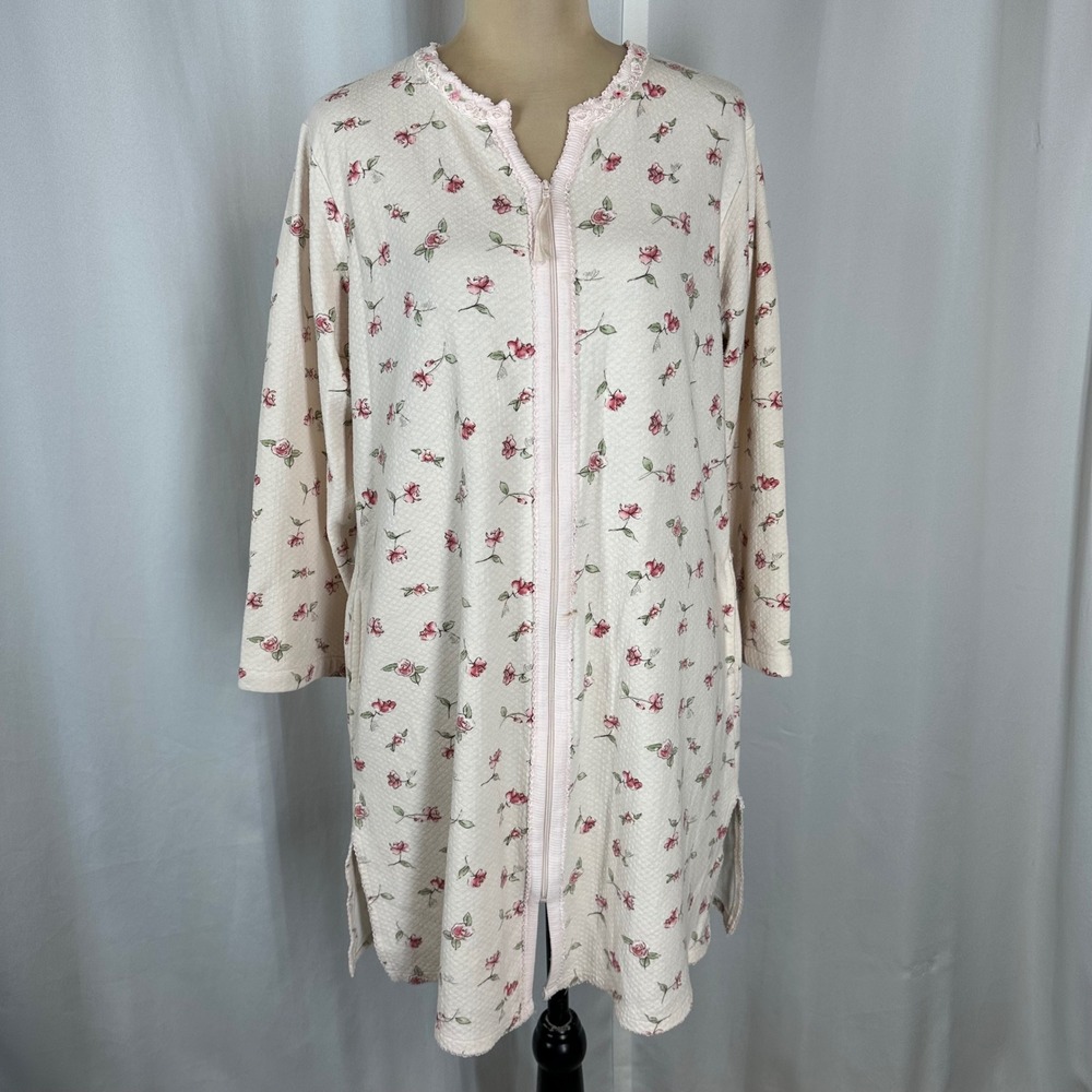 Vintage Aria Floral Zip Front Housecoat Robe Pink Roses Size S